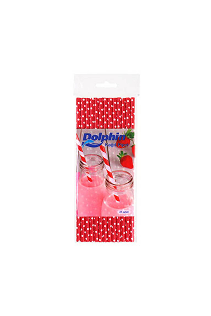 Dolphin Kağıt Pipet Beyaz Puantiyeli Kırmızı 20cm 25li - 1