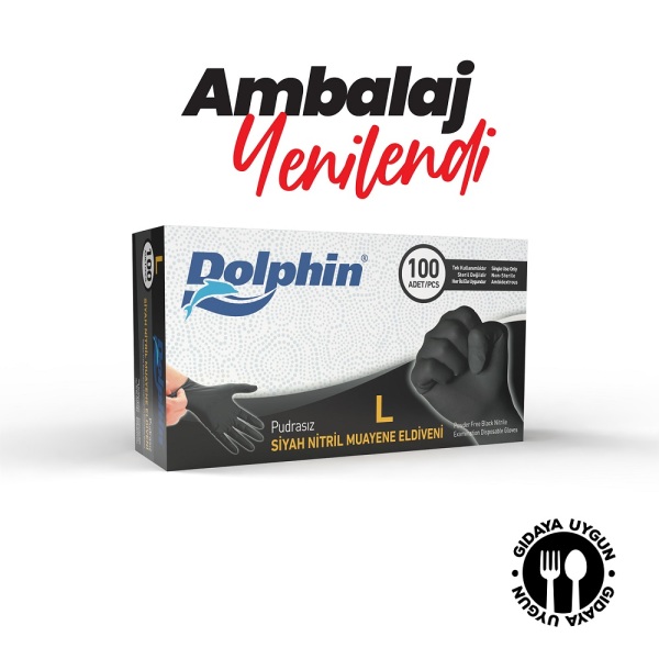 Dolphin Siyah Çok Amaçlı Nitril Muayene Eldiveni L Beden 100 Adet - MDR - 2