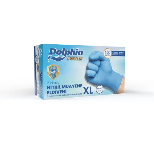 Dolphin Nitril Muayene Eldiveni Pudrasız Kalın Mavi XL Beden 100 Adet-