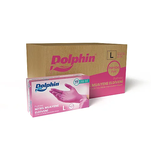 Dolphin Pembe Nitril Muayene Eldiveni L Beden 100’lü Kutu | 20 Paket - Koli