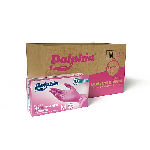 Dolphin Pembe Nitril Muayene Eldiveni M Beden 100’lü Kutu | 20 Paket - Koli