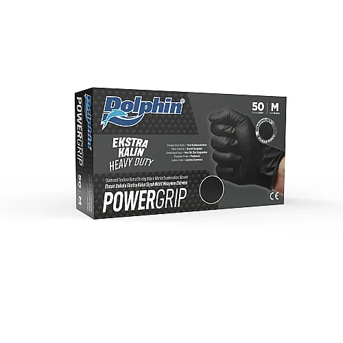 Dolphin PowerGrip Nitril Eldiven Ekstra Kalın Siyah M Beden 50 Adet  x 20 Paket - Koli - 2