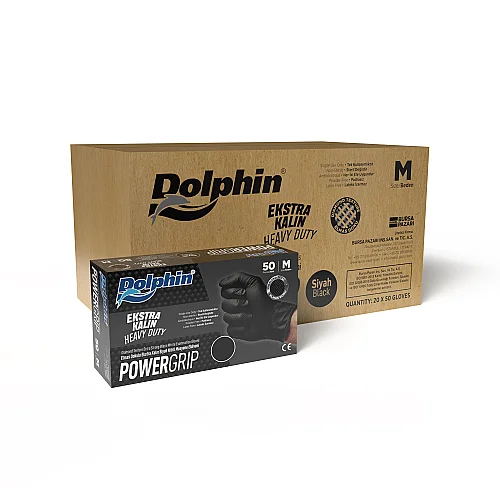 Dolphin PowerGrip Nitril Eldiven Ekstra Kalın Siyah M Beden 50 Adet  x 20 Paket - Koli