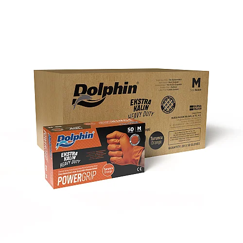 Dolphin PowerGrip Nitril Eldiven Ekstra Kalın Turuncu M Beden 50 Adet x 20 Paket - Koli