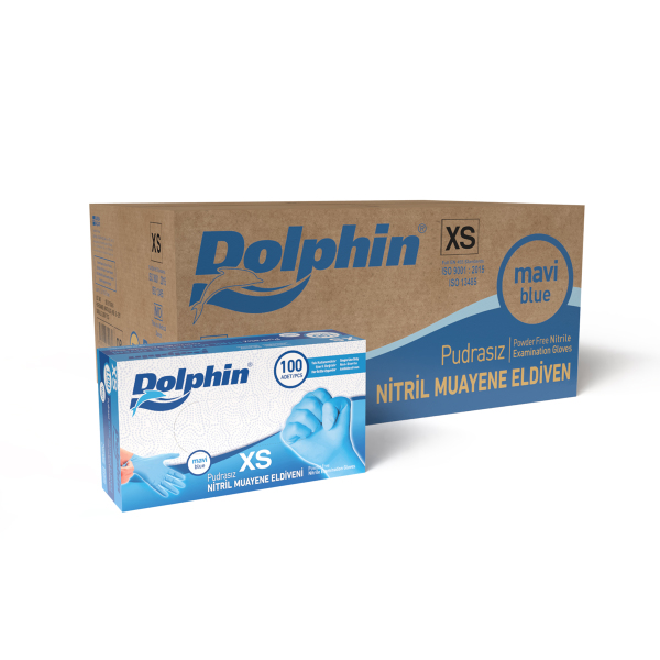 Dolphin Pudrasız Nitril Eldiven Mavi XS Beden 100 Adet | 20 Paket - Koli - 1