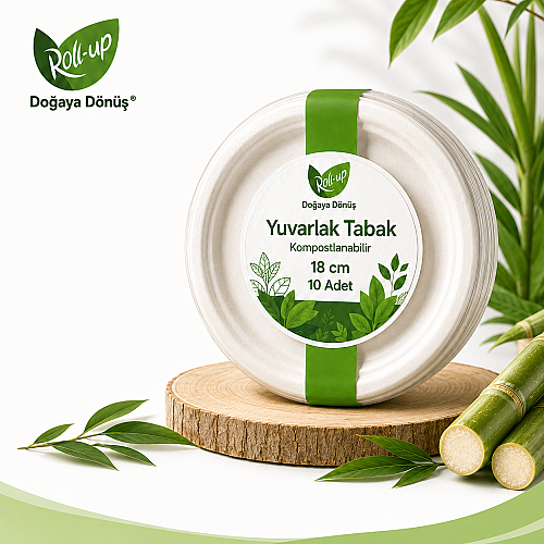 Roll-Up Doğa Dostu Kompostlanabilir Şeker Kamışı Yuvarlak Tek Kullanımlık Tabak 18 cm 10 Adet - 1