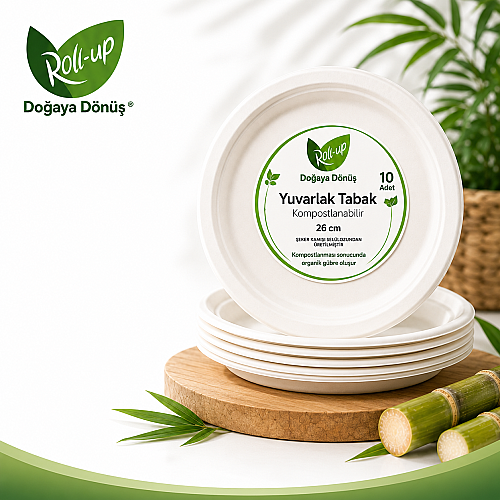 Roll-Up Doğa Dostu Kompostlanabilir Şeker Kamışı Yuvarlak Tek Kullanımlık Tabak 26 cm 10 Adet - 1