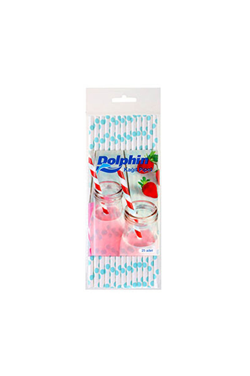 Dolphin Kağıt Pipet Açık Mavi Puantiyeli Beyaz 20cm 25li - 1