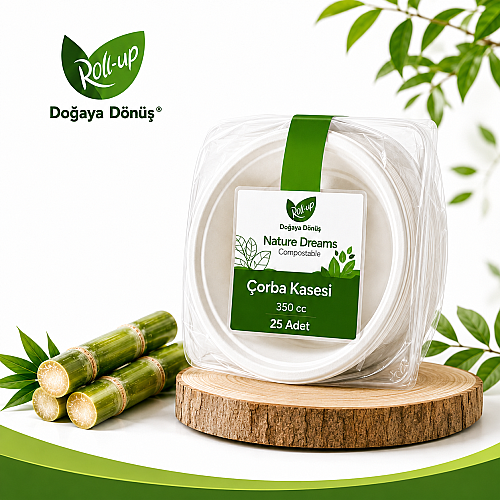 Roll Up Doğa Dostu Kompostlanabilir Şeker Kamışı Tek Kullanımlık Çorba Kasesi 350 cc 25 Adet
