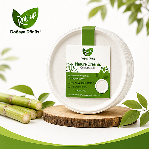 Roll Up Doğa Dostu Kompostlanabilir Şeker Kamışı Yuvarlak Tek Kullanımlık Tabak 22 cm 25 Adet