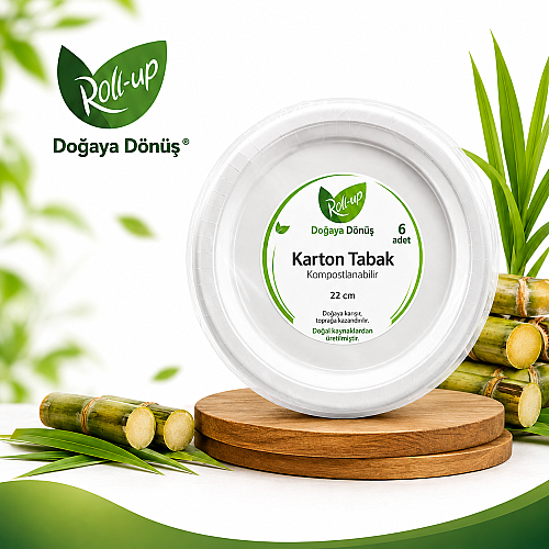 Roll-Up Doğa Dostu Kompostlanabilir Şeker Kamışı Yuvarlak Tek Kullanımlık Tabak 22 cm 6 Adet