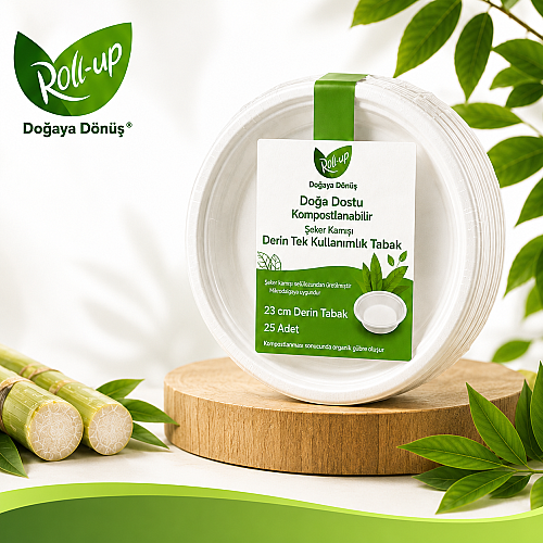 Roll-Up Doğa Dostu Kompostlanabilir Şeker Kamışı Derin Tek Kullanımlık Tabak 23 cm 25 Adet