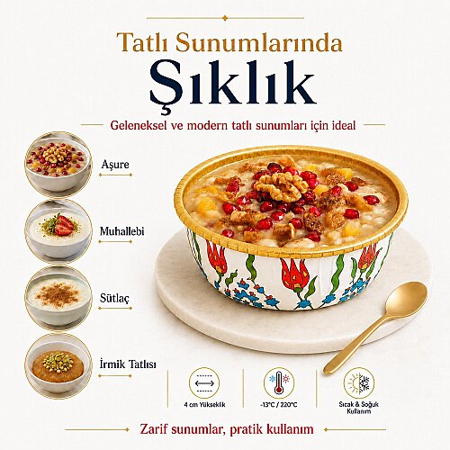 Roll-Up Premium Lale Desenli Beyaz Yuvarlak Tatlı-Aşure Kase 6 Adet - 2