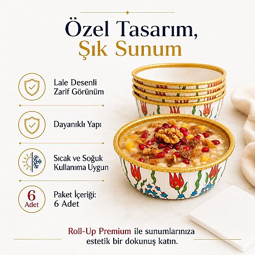 Roll-Up Premium Lale Desenli Beyaz Yuvarlak Tatlı-Aşure Kase 6 Adet - 4