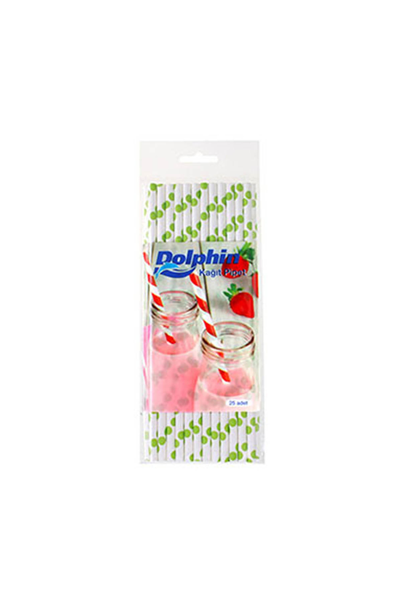 Dolphin Kağıt Pipet Yeşil Puantiyeli Beyaz 20cm 25li - 1
